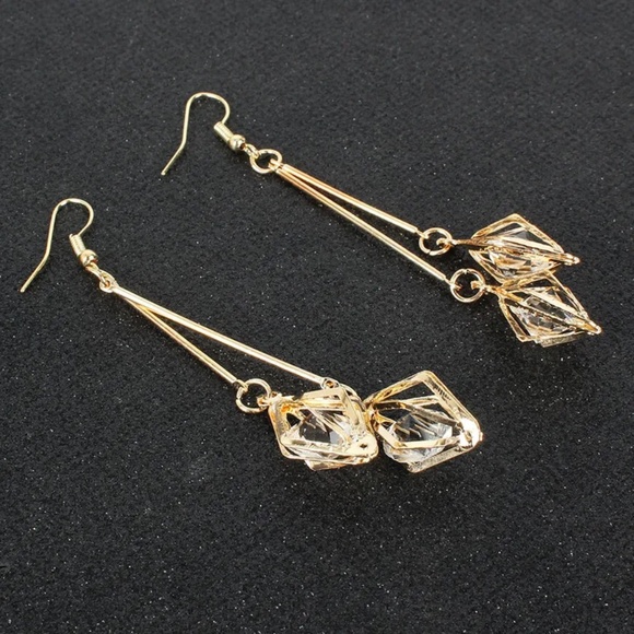 3/$35 Gold Geometric Long Drop Dangle Earrings Clear Stones Crystal Diamond - Picture 4 of 7